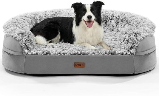 iweepet Fluffy Calming Orthopedic Dog Beds for Medium & Large Dogs, Supportive Dog Sofa Bed with 3.7 inch 28D Egg-Crate Foam, Removable Washable Plush Cover, Waterproof Lining, 41'',Grey by iweepet
