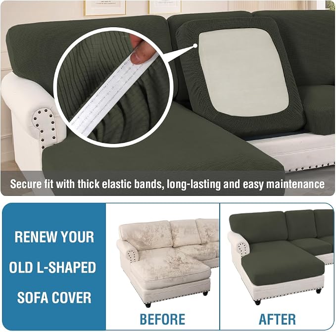 H.VERSAILTEX Sectional Couch Covers 4 Pieces Sofa Seat Cushion Covers L Shape Separate Cushion Couch Chaise Cover for Both Left/Right Sectional Couch (Seat Only: 1 Chaise + 3 Sofa, Olive) - Image 6
