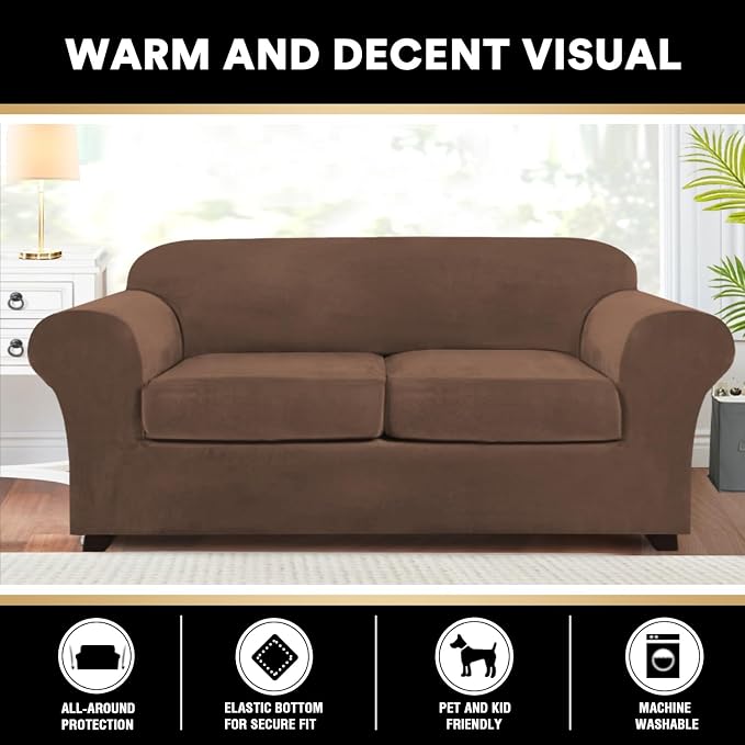 PrinceDeco Couch Cover Velvet Plush Sofa Covers for 2 Cushion Couch Width Up to 90 Inch Washable Furniture Protector Pet Friendly No Slip Sofa Slipcover(Medium-Large, Caramel) - Image 6