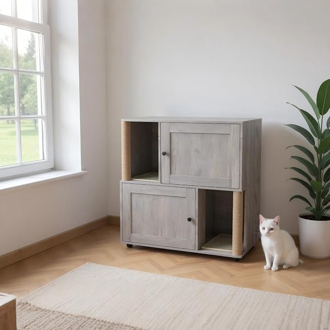 Garvee Cat Litter Box Enclosure for 2 Cats, Double Hidden Litter Box Furniture Cabinet with 2 Scratch Mat and Scratch Post, Modern Farmhouse Wooden Enclosed Cat Washroom, End Side Table - Image 4