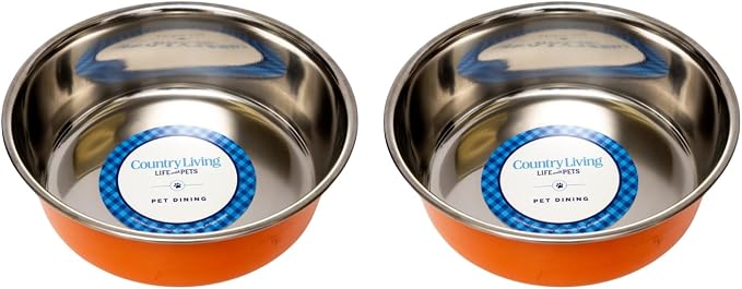 Country Living Set of 2 Heavy Gauge Stainless Steel Dog Bowls - Non-Skid, Durable & Rust-Resistant - Perfect for Food & Water - Vibrant Orange, 64 oz Capacity - Image 2