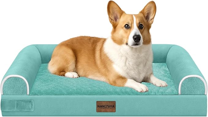 NANUYA Orthopedic Dog Bed for Medium Dogs, 30 x 20 Inch, Aqua Blue | Egg crate foam for joint support, 3-sided bolster pet sofa, waterproof lining, washable cover, and non-skid base by Nanuya