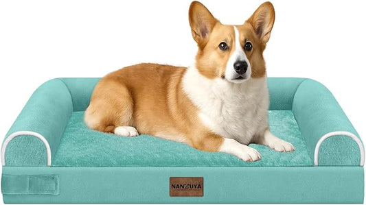 NANUYA Orthopedic Dog Bed for Medium Dogs, 30 x 20 Inch, Aqua Blue | Egg crate foam for joint support, 3-sided bolster pet sofa, waterproof lining, washable cover, and non-skid base by Nanuya