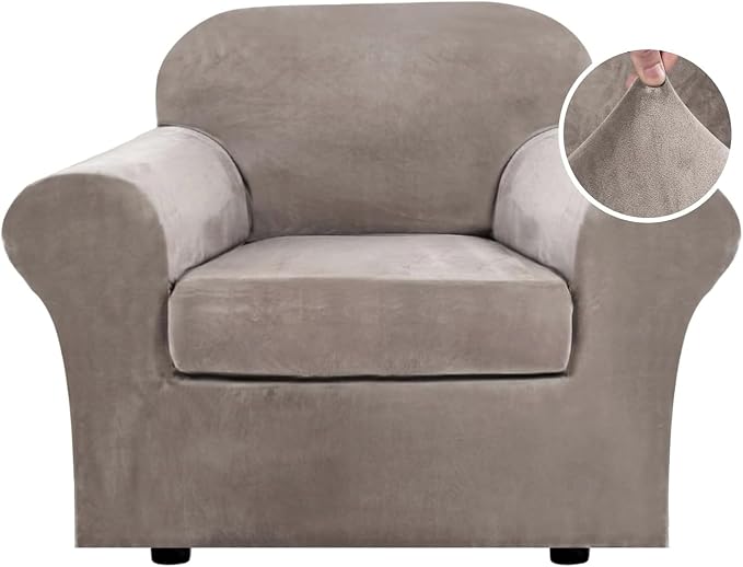 H.VERSAILTEX Rich Stretch 2 Piece Chair Cover Chair Slipcover Sofa Cover Furniture Protector Couch Soft with Elastic Bottom Chair Couch Cover with Arms Width Up to 49 Inch(Chair, Taupe) by HVERSAILTEX