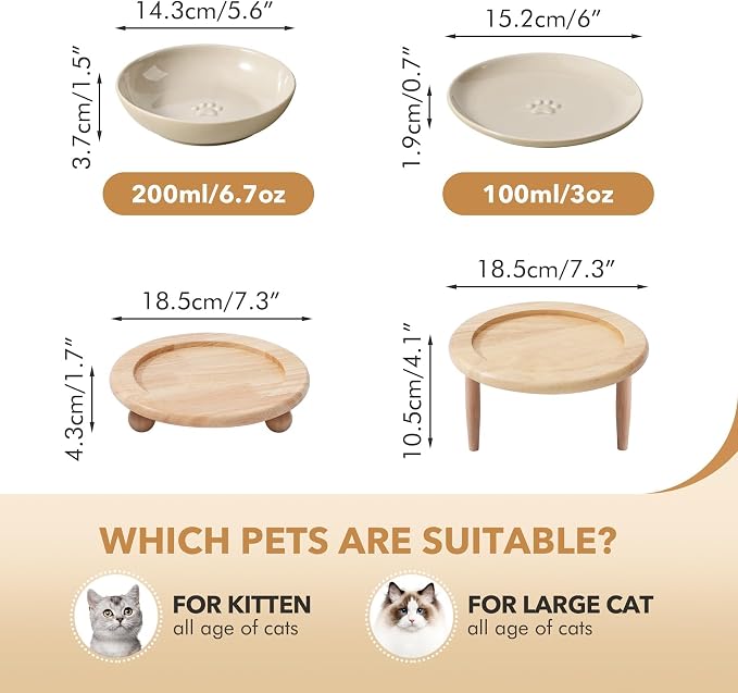 Havniva Elevated Cat Bowls, Raised Ceramic Cat Bowl with Stand, Two Heights | Cat Food & Water Bowl Set, Whisker Friendly, 5.6” Raised Cat Dishes + 6” Shallow Cat Plates, Non-slip Wood Stand, Kitten Bowl - Image 2