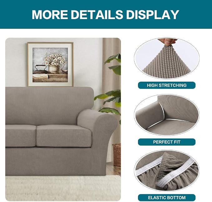 Turquoize 3 Piece Sofa Covers for 2 Cushion Couch Sofa Slipcover Soft Couch Cover for Dogs-Washable Sofa Furniture Covers with 2 Individual Cushion Covers Jacquard Fabric (2 Cushion Sofa, Taupe) - Image 4
