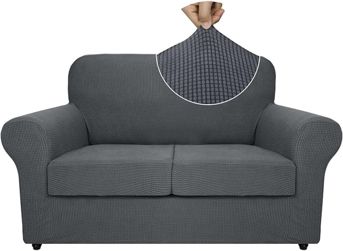 ZNSAYOTX 3-Piece Loveseat Slipcovers High Stretch Spandex Sofa Slip Cover Living Room Love Seat Couch Covers for 2 Cushion Couch Jacquard Small Checks Furniture Protector (Dark Grey, Loveseat) by ZNSAYOTX