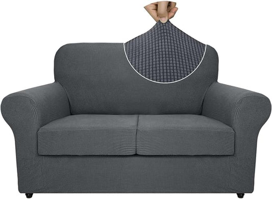 ZNSAYOTX 3-Piece Loveseat Slipcovers High Stretch Spandex Sofa Slip Cover Living Room Love Seat Couch Covers for 2 Cushion Couch Jacquard Small Checks Furniture Protector (Dark Grey, Loveseat) by ZNSAYOTX