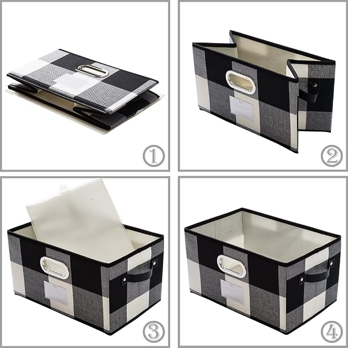 PRANDOM Fodable Storage Bins for Closet [3-pack] Decorative Fabric Storage Baskets Cubes with Leather/Metal Handles for Shelves Bedroom Living Room Black and White Grid (11.5x8.5x6.7 Inch) - Image 4