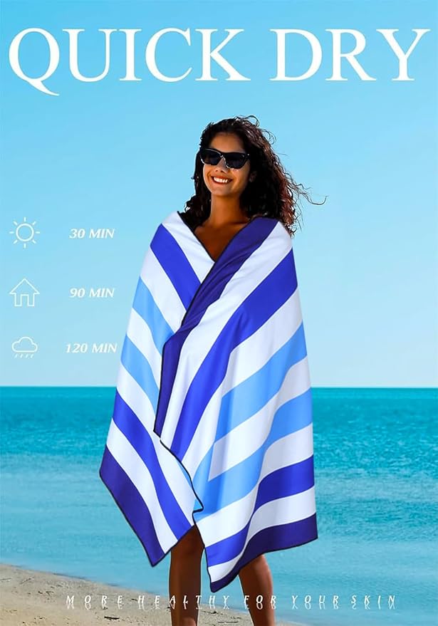 Yongoes 2 Pack Microfiber Beach Towels Oversized 71x32 Blue Striped | Thin & Lightweight, Sand Free, Super Absorbent Quick Dry Large for Pool Swim Bath Travel Vacation Accessories Essentials - Image 6