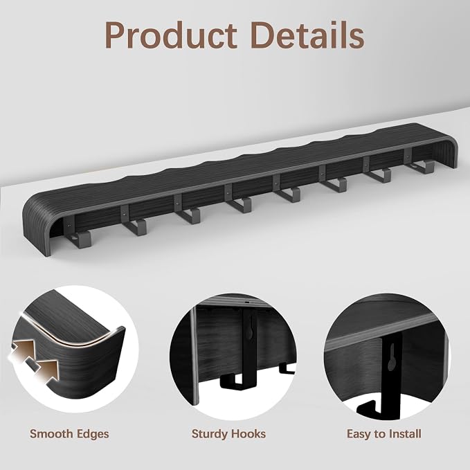 Coat Rack Wall Mount with Hidden Hooks, Wall Hooks with Shelf, Wall Key Holder Mount Wooden Shelf Entryway Hooks for Bedroom Bathroom for Hanging Coats Hats Bags Towels (Black Wave-Shape, 8 Hooks) - Image 3
