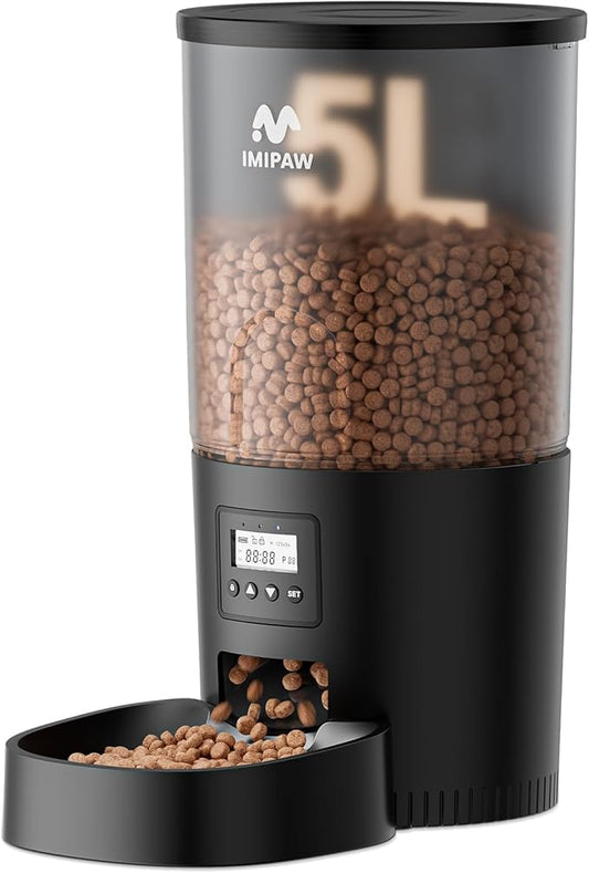 IMIPAW Automatic Cat Feeders, 5L Large Capacity, Timed Feeding Dry Food, Dual Power Design, Programmable Portion Size, 1-6 Meals Per Day, with Desiccant, Suitable for Small Pets Food Dispenser, Black by IMIPAW