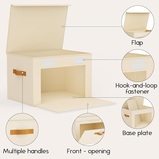 Homsorout Large Storage Bins with Lids - Front Opening Fabric Storage Bins, Flap Closet Organizer with Handles, Collapsible Boxes with Lid, Decorative Basket for Home, Dorm, 6 Pack, Beige - Image 7