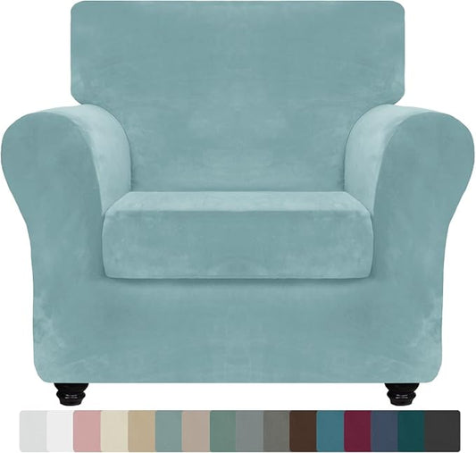 ZNSAYOTX Luxury Velvet Chair Slipcovers with Arms 2 Piece Stretch Chair Covers for Living Room Thick Soft Armchair Slipcover Anti Slip Pet Friendly Furniture Protector (Stone Blue),30"-47"(1 Cushion) by ZNSAYOTX