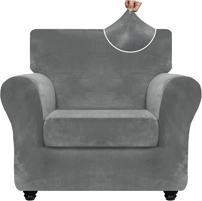 ZNSAYOTX Luxury Velvet Chair Slipcovers with Arms 2 Piece Stretch Chair Covers for Living Room Thick Soft Armchair Slipcover Anti Slip Dog Pet Friendly Furniture Protector (Grey),30"-47"(1 Cushion) by ZNSAYOTX