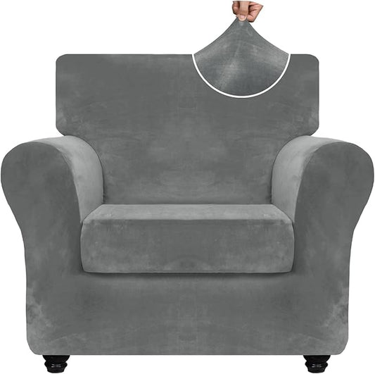 ZNSAYOTX Luxury Velvet Chair Slipcovers with Arms 2 Piece Stretch Chair Covers for Living Room Thick Soft Armchair Slipcover Anti Slip Dog Pet Friendly Furniture Protector (Grey),30"-47"(1 Cushion) by ZNSAYOTX