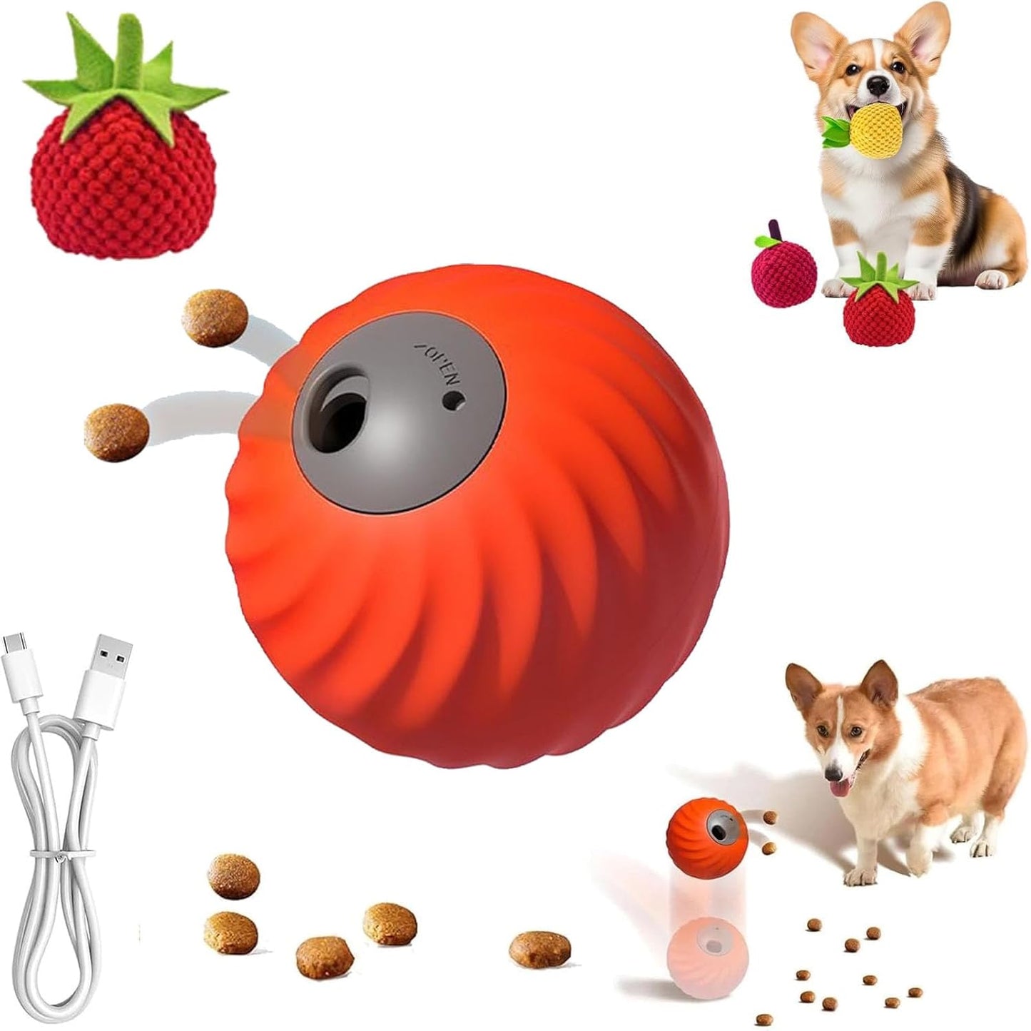 Zoomie Buddy 2.0, Zoomie Buddy for Dogs, 2 in 1 Smart Touch Interactive Dog Balls ＆ Pet Feeder, 2.83" Diameter, Suitable for Small/Medium Dogs, with Fruit Plush Cover (Orange, Tomato)