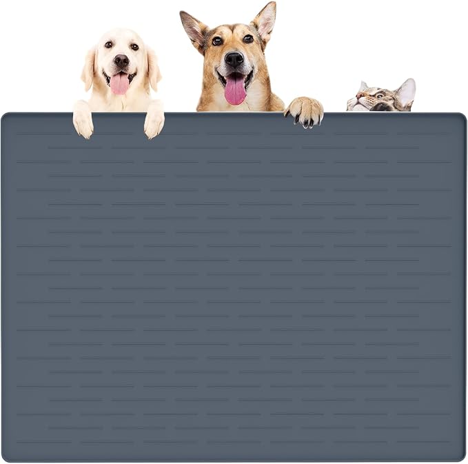 39.4"x29.5" Largest Pet Food Mat, Silicone Dog Mats for Food and Water, Nonslip Pet Feeding Mats for Floors,Dog Cat Bowl Mat with Raised Edges, Gray Blue by WelcometoULTIBE