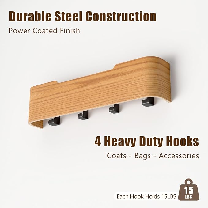 Coat Rack Wall Mount with Hidden Hooks, Wall Hooks with Shelf, Wall Key Holder Mount Wooden Shelf Entryway Hooks for Bedroom Bathroom for Hanging Coats Hats Bags Towels (Oak, 4 Hooks) - Image 6