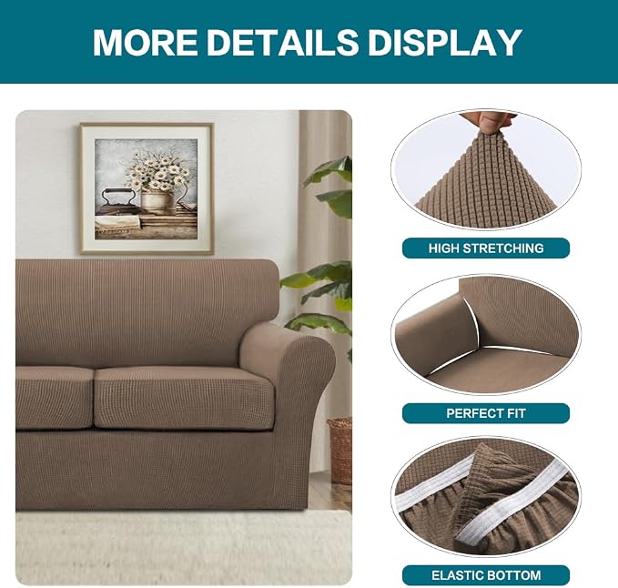 Turquoize 3 Piece Sofa Covers for 2 Cushion Couch Sofa Slipcover Soft Couch Cover for Dogs-Washable Sofa Furniture Cover with 2 Individual Cushion Covers, Feature Fabric (2 Cushion Sofa, Macchiato) - Image 4