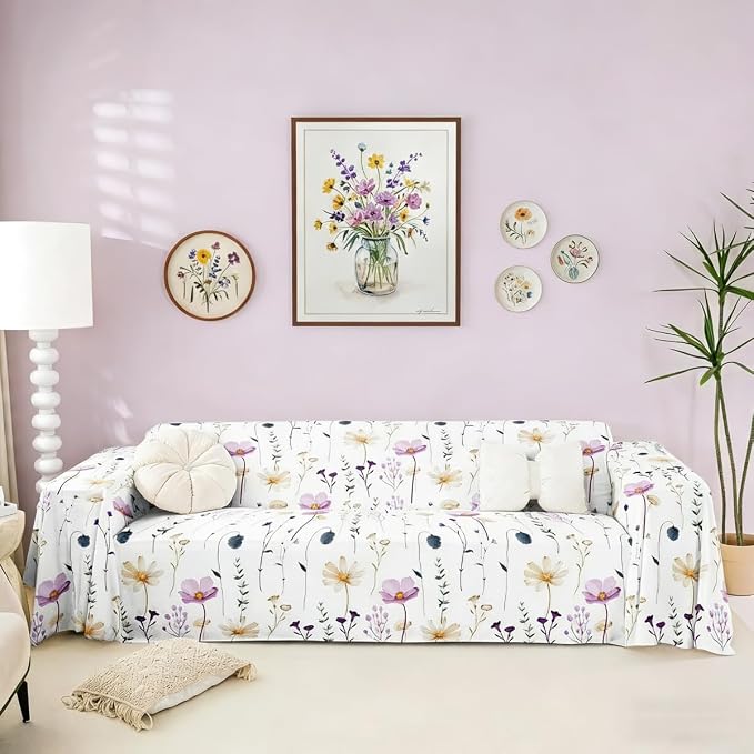 Watercolor Floral Couch Covers Purple Beige Flower Sofa Cover 71" X 118" Modern Minimalist White Couch Protector Rustic Farmhouse Washable Non Slip Sofa Slipcover For Living Room Furniture Protector by Erosebridal