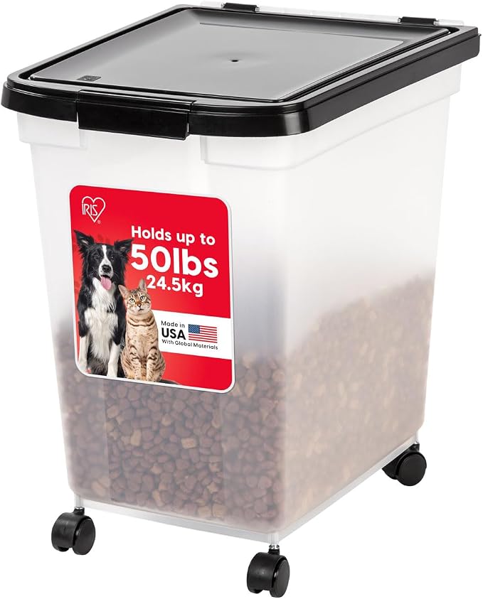 IRIS USA Airtight Dog Food Storage Container, WeatherPro, Up to 50 lbs, Removable Wheels, for Dog Cat Bird and Other Pet Food Storage Bin, Keep Fresh, Translucent Body, Made in USA, Clear/Black by IRISUSA