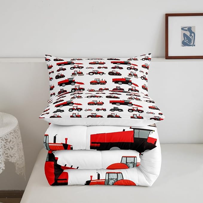 Erosebridal Red Tractor Comforter Set King Size Heavy Equipment Truck Down Comforter Kids Boys Girls Teens Harvester Tractor Bedding Set Construction Excavator Farm Equipment Quilt Set - Image 4