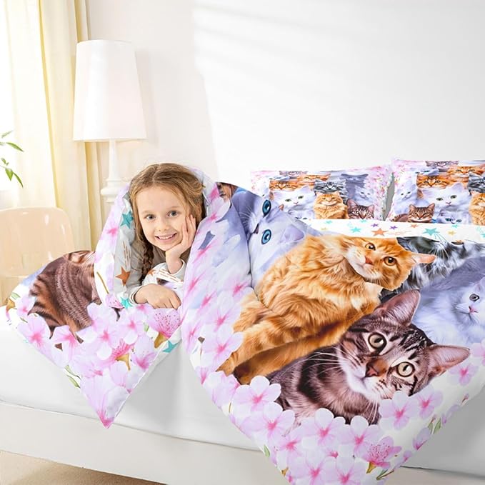 Feelyou Kids Cartoon Toddler Bedding Set Cute Animal Flowers Comforter Set Boys Girls Pink Comforter Cat Decor Quilt Set with 1 Pillowcase 2Pcs Twin Bedding - Image 6