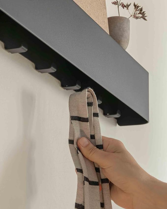 Kazai. Coat Rack Wall Mount with Shelf 'Tone' | Modern Design Coat Hanger with Hidden Hooks and Storage | Hat Rack with Shelf in Metal | Wall-Mounted Purse Organizer | Black - Image 5