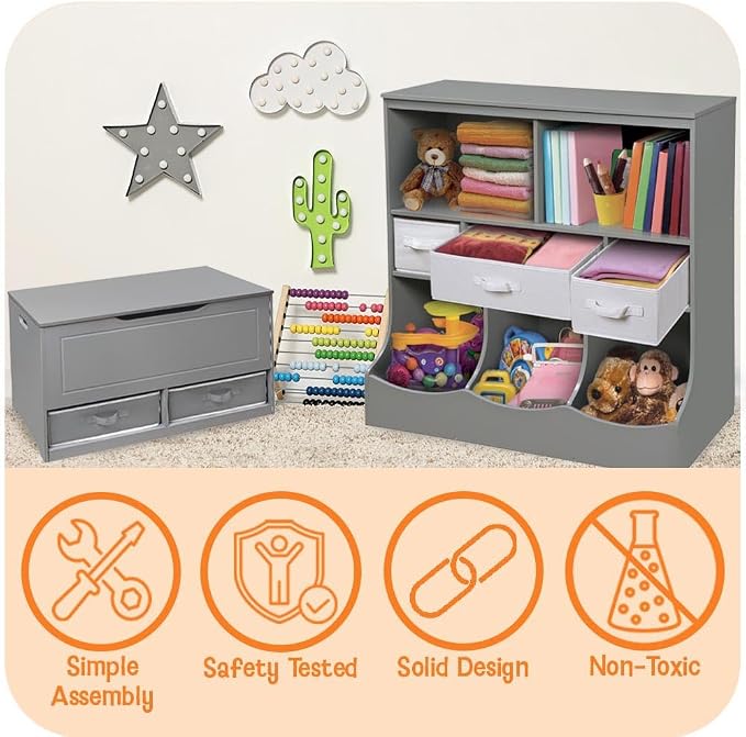 Badger Basket Combo Toy Storage Organizer and Bookshelf - Kids Storage Unit with 3 Removable Baskets, Open Shelves, Top Display Surface - Gray Cloud - Image 3