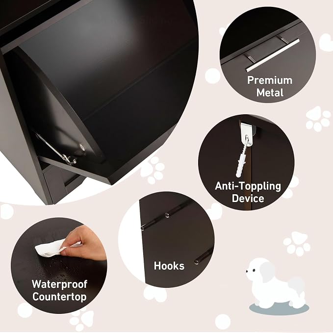 Dog Food Cabinet Feeding Station with 2 Raised Bowls, Pull Out Elevated Dog Bowl, Storage, 3 Hangers, Pet Feeder Toy Leashes Organizer, Brown - Image 6