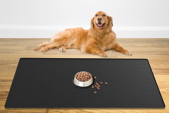 48" x 32" XXXL Largest Pet Food Mat, Silicone Dog Mats for Food and Water, Nonslip Pet Feeding Mats for Floors,Dog Cat Bowl Mat with Raised Edges, Black by WelcometoULTIBE