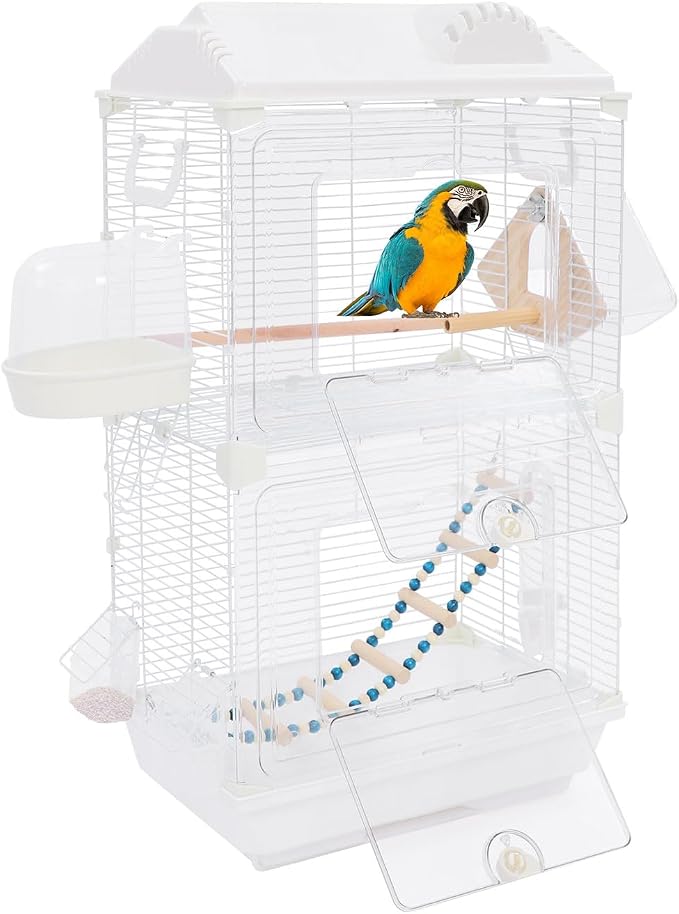 2-Door Wrought Iron Bird Cage Parakeet Cage w/Roof & Handles, Parrot Cage Pet Birds Flight Cage, Interactive Birdcages Bird House Travel Cages for 1-3 Birds (28''H, Transparent-A) by Unknown