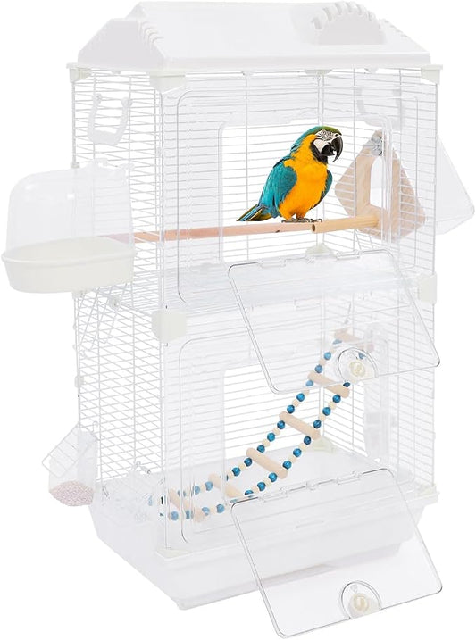 2-Door Wrought Iron Bird Cage Parakeet Cage w/Roof & Handles, Parrot Cage Pet Birds Flight Cage, Interactive Birdcages Bird House Travel Cages for 1-3 Birds (28''H, Transparent-A) by Unknown