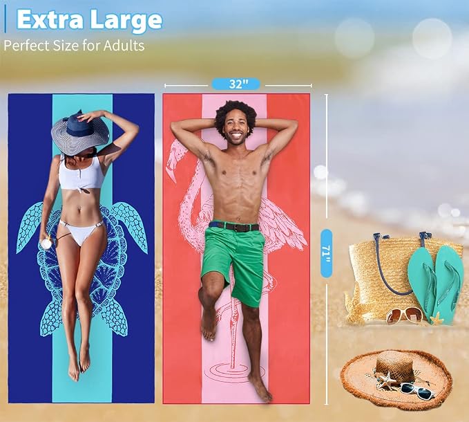 2 Pack Microfiber Lightweight Beach Towel 71"x32" Oversized Extra Large Thin Sand Free Towels Travel Swim Pool Yoga Gym Camping for Adults Women Men Beach Essentials Accessories Vacation Gift - Image 3