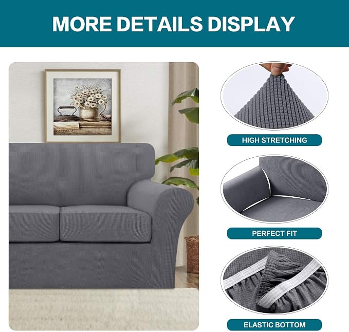 Turquoize 4 Piece Sofa Covers for 3 Cushion Couch Sofa Slipcover Soft Couch Cover for Dogs-Washable Sofa Furniture Covers with 3 Individual Cushion Covers, Jacquard Fabric (3 Cushion Sofa, Gray) - Image 4