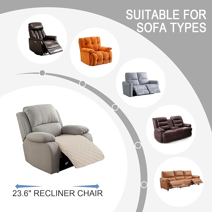 Genina Waterproof Recliner Chair Covers, Recliner Cover for Dog Pets Friendly, Washable Antislip Reclining Chair Cover Furniture Protector, Sofa Slipcover for Living Room(23.6inch/Beige) - Image 4