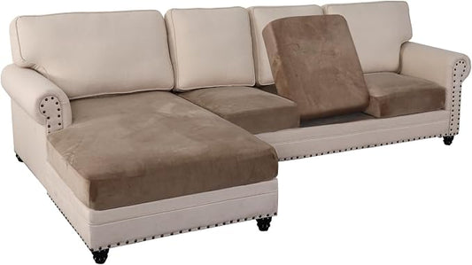 PrinceDeco Sectional Couch Covers 4 Pieces Couch Covers for Sofa Velvet Separate Couch Cover L Shape for Left/Right Chaise(3 Seater + 1 Chaise,Taupe) by PrinceDeco