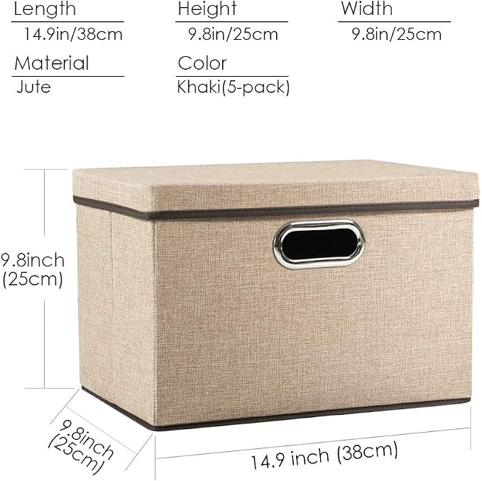 PRANDOM Collapsible Storage Containers with Lids [5-Pack] Jute Fabric Foldable Storage Bins Boxes Organizer Baskets Cube with Cover for Home Bedroom Closet Office Nursery (14.9x9.8x9.8) - Image 5