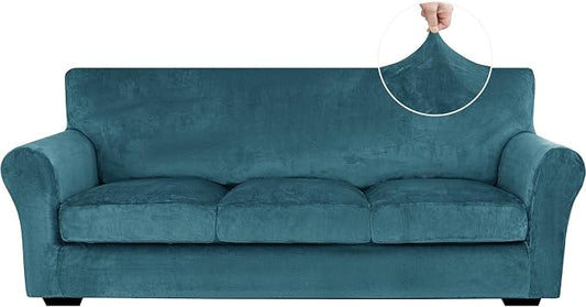 XINEAGE 4-Piece Velvet Sofa Cover,Couch Covers for Dog,Peacock Blue | 3 Cushion Sofa,Stretch Non-slip Elastic, Pet-friendly, Washable, Fast Setup, Soft Plush Fabric, Furniture Protector. by XINEAGE