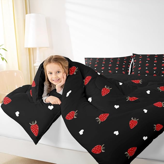 Kawaii Bedding Strawberry Comforter Set Twin Size Strawberry Decor Down Comforter Red Strawberry Bedding Set Cute Fruits Theme Sweet Strawberry Quilt Set Soft Reversible With 1 Pillowcase, Red Black - Image 6