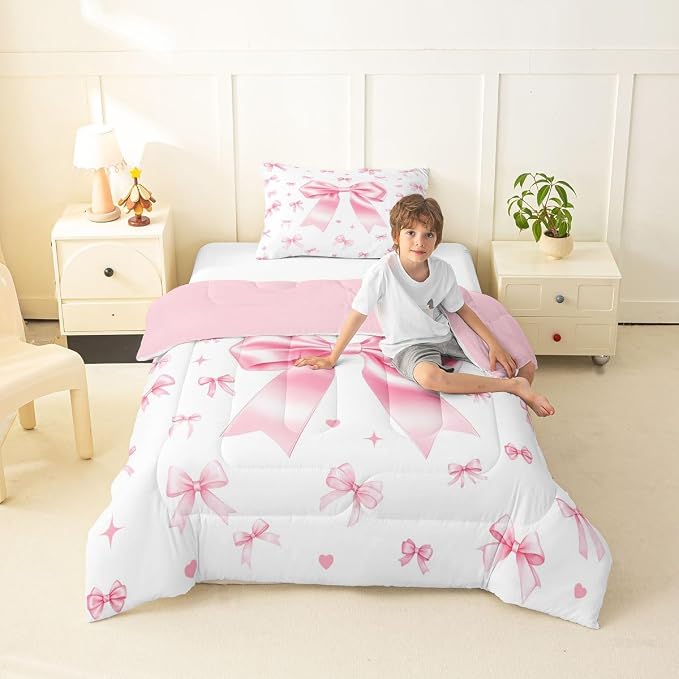 Manfei Pink Bow Twin Size Comforter Set for All Seasons,Cute Bowknot Princess Bedding Set Teens Bedroom Decor,Aesthetic Ribbon Bow Tie Comforter Inner Fill with 1 Pillowcase - Image 6