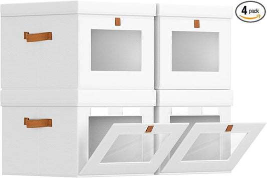 Homsorout Storage Bins with Lid – Closet Organizer with Side Opening and Clear Window, Foldable Stackable Fabric Basket for Clothes, Home, Office - 13.77" x 11.8" x 9.8", 4 Pack, White by Homsorout