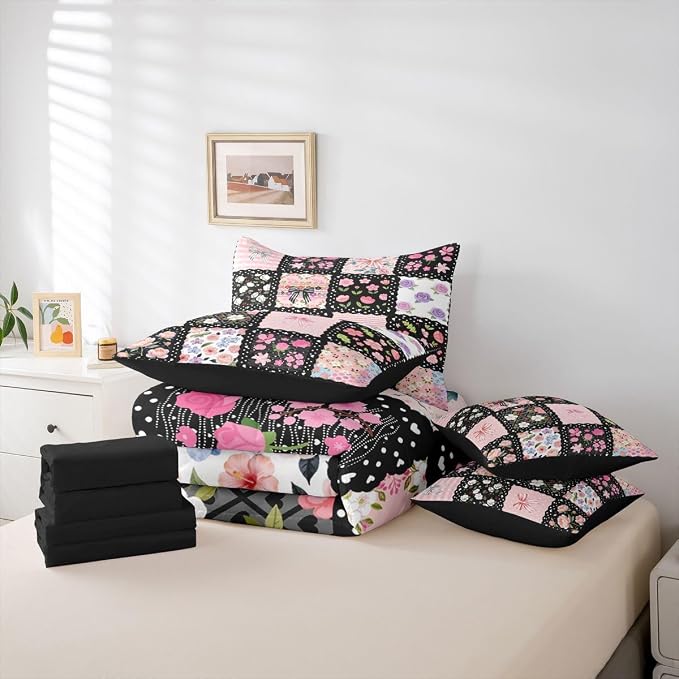 Feelyou Cute Flower 7 Piece Bedding Set Cute Bow Comforter Set with Sheets for Kids Boys Girls Black Pink Theme Bed in a Bag Sweet Princess Theme Bed Set Soft Lightweight - Image 4