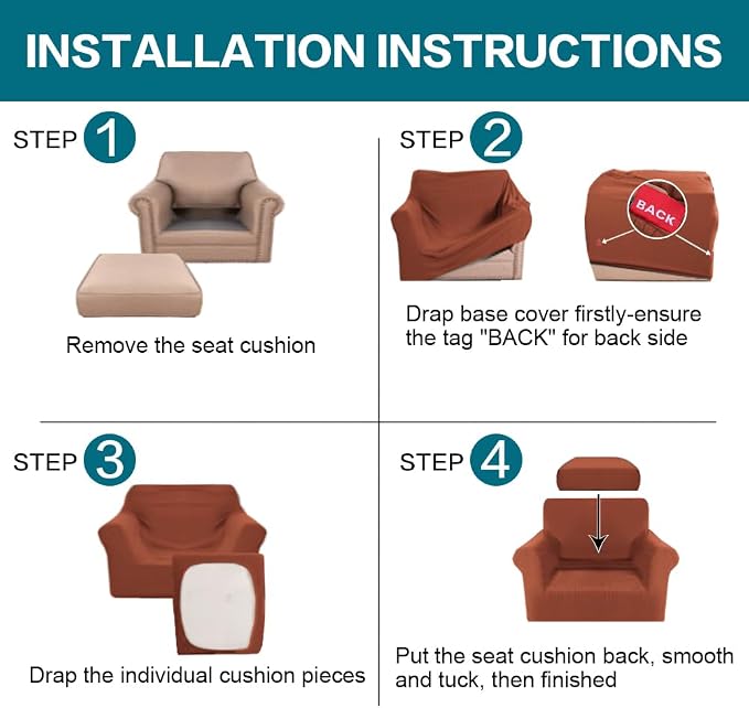 Turquoize 2 Piece Chair Covers Chair Slipcovers for Living Room Armchair Couch Cover Chair Sofa Cover with Individual Cushion Covers Furniture Cover for Chairs Feature Jacquard Fabric (Chair, Rust) - Image 6