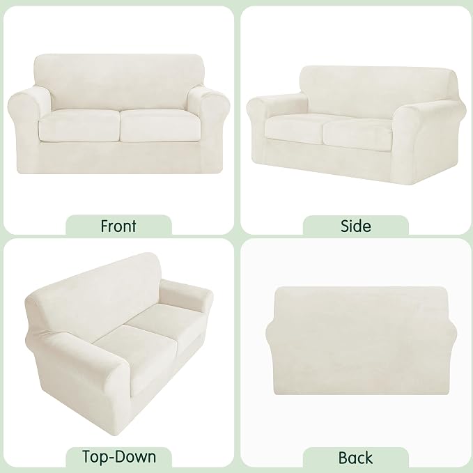 CHUN YI 3 Piece Velvet Couch Covers for 2 Cushion Couch, Water Resistant Loveseat Covers, Non Slip High Stretch Thick Furniture Protector for Dogs Pets, Medium, Ivory White - Image 5