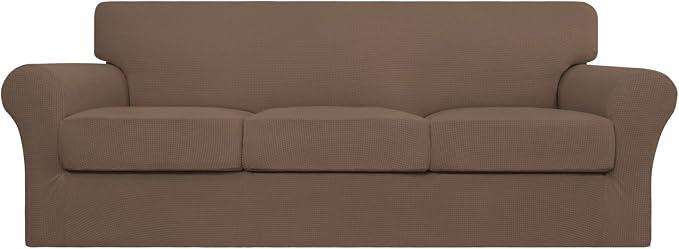 Easy-Going 4 Pieces Stretch Couch Cover Sofa Cover for Dogs Washable Sofa Slipcover for 3 Separate Cushion Couch Spandex Jacquard Fabric Elastic Furniture Protector for Pets, Kids (Brown, Sofa) by Easy-Going