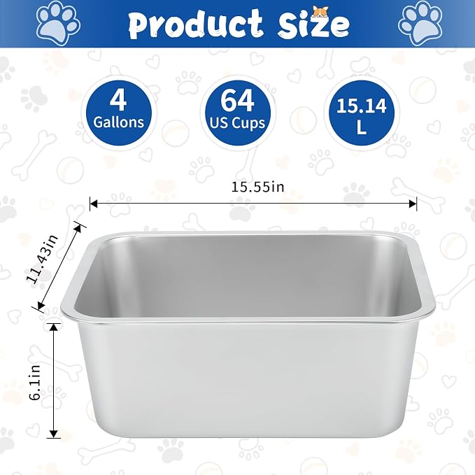 BWOGUE 4 Gallons Extra Large Dog Water Bowl for Large Dogs, Stainless Steel | Stainless Steel Dog Bowl, 1 Pack Large Water Bowl for Dogs, Wide Deep Bowl, Rectangular Shape, Easy to Clean, Outdoor Use - Image 4