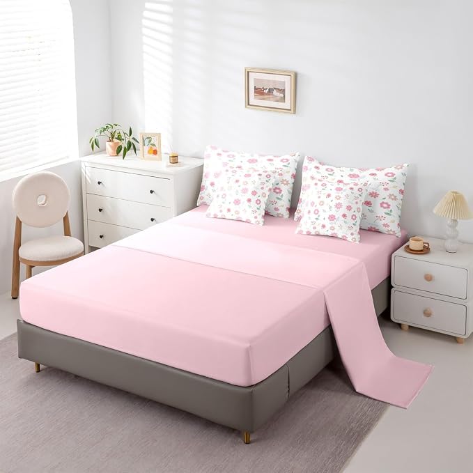 Feelyou Cute Flower 7 Piece Bedding Set Fresh Flower Floral Comforter Set with Sheets for Kids Boys Girls Nature Plants Bed in a Bag Pink Green Bed Set Soft Lightweight - Image 4