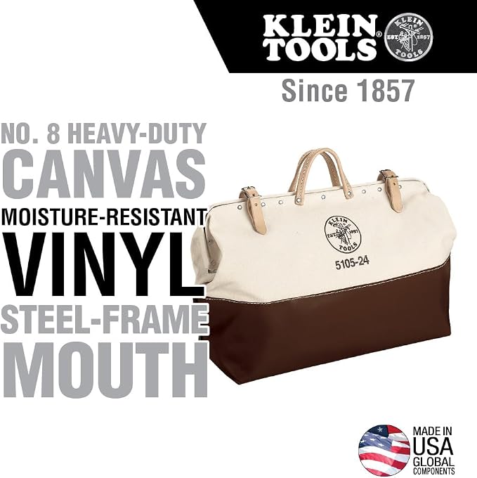Klein Tools 5105-24 Tool Bag, Heavy Duty Canvas Tool Storage with Moisture-Resistant Vinyl Bottom and Steel Frame for Rugged Use, 24-Inch - Image 2